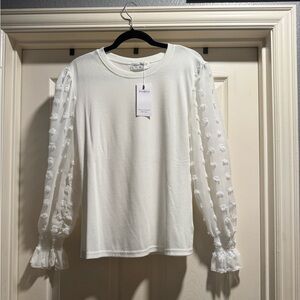 NWT Agarele White Blouse with Sheer Swiss Dot Sleeves Size Medium